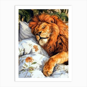 Lion in the bed animal illustration art Art Print