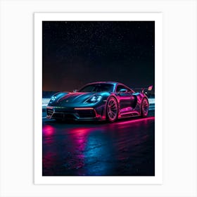 Porsche 911 in neon glow, a luxury racing car. Night speed and cyberpunk design capture automotive perfection. Art Print