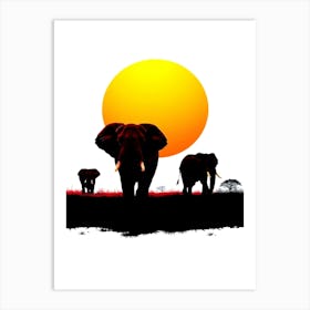 Silhouette Of Elephants At Sunset 2 Art Print