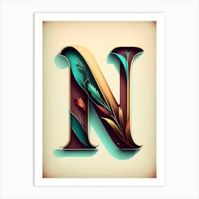 N, Letter, Alphabet Retro Drawing 1 Art Print