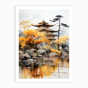 Kinkaku Ji (Golden Pavilion) In Kyoto, Japanese Brush Painting, Ukiyo E, Minimal 3 Art Print