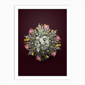 Vintage White Plum Flower Wreath on Wine Red n.1194 Art Print