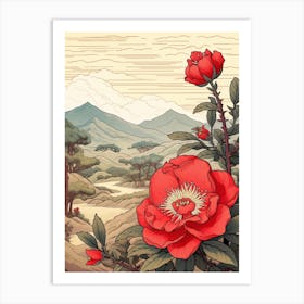 Higanatsu Red Camellia 2 Japanese Botanical Illustration Art Print