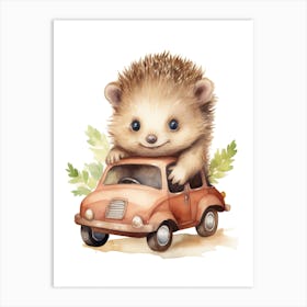 Baby Hedgehog On Toy Car, Watercolour Nursery 2 Art Print