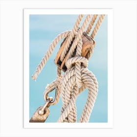 Sailing boat pulley, block and tackle with moored nautical rope Art Print