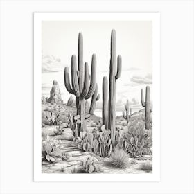 Vintage Cactus Illustration Organ Pipe Cactus B&W Art Print