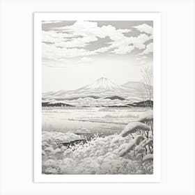 Lake Toya In Hokkaido, Ukiyo E Black And White Line Art Drawing 1 Art Print