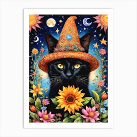 Magick Cat - Black Cat in Witch Witchy Hat Tarot Print - By Free Spirits and Hippies Official Wall Decor Artwork Hippy Bohemian Meditation Room Typography Groovy Trippy Psychedelic Boho Yoga Chick Gift For Her Art Print