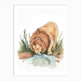 African Lion Drinking From A Watering Hole Clipart 4 Art Print