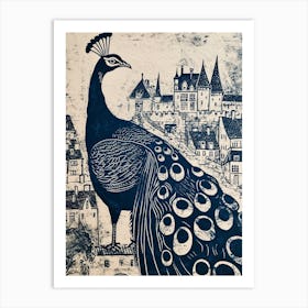 Peacock Blue Linocut Inspired With A Castle In The Background 2 Art Print