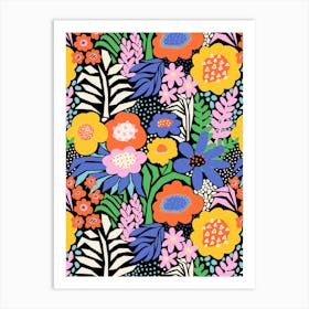 Into The Garden - Paper Cut And Doodle Floral Collage Bright Rainbow On Black Art Print