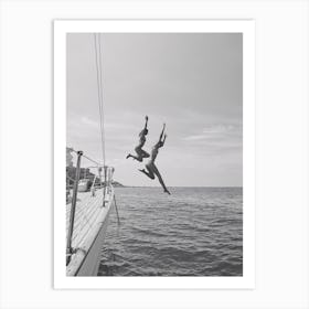 Two Women Jumping Off A Yacht Art Print