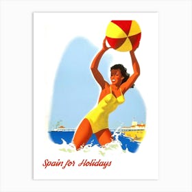 Spain For Holidays, Happy Swimmer With Beach Ball Art Print
