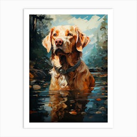 Labrador playing in a lake 1 Art Print