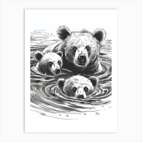 Malayan Sun Bear Family Swimming In A River Ink Illustration 3 Art Print