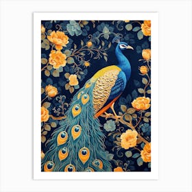 Navy Blue Floral Peacock Wallpaper Art Print