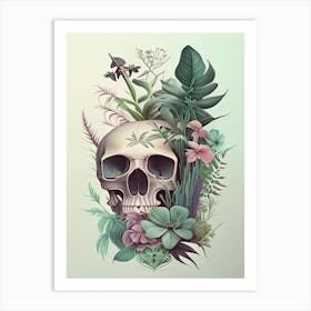 Skull With Tattoo Style Artwork Pastel Botanical Art Print
