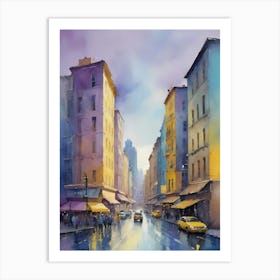 Colored Painting Of A Cityscape,Indigo And Yellow,Purple (5) Art Print