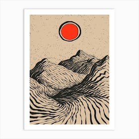 A minimalist pen and ink drawing of a mountainous 3 Art Print