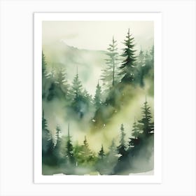 Appalachian Mountains of Misty Pines Watercolor Print of Evergreen Forest..149 Art Print