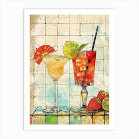 Chic Linework Cocktails On Tiles Art Print