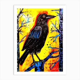 Crow At Sunset - Black Bird Perched Art Print