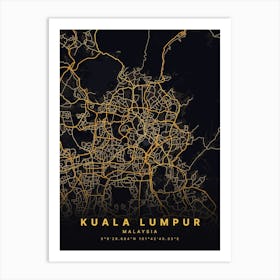 Kuala Lumpur Malaysia Black And Gold Map Art Print