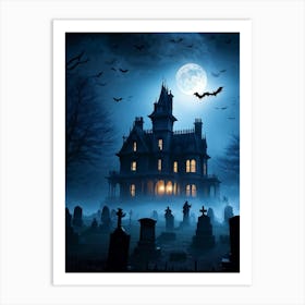 Frightened Souls Hovering Over A Victorian Mansion On A Dark Halloween Night Silhouetted Against A (1) Art Print