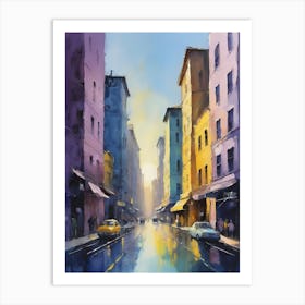 Colored Painting Of A Cityscape,Indigo And Yellow,Purple (2) Art Print