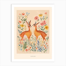 Folksy Floral Animal Drawing Antelope 2 Poster Art Print