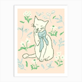 Cat Licking Paw in wildflowers Art Print