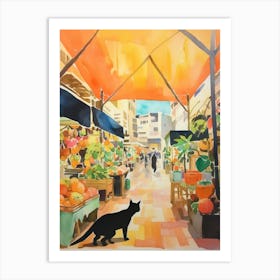 Food Market With Cats In Honolulu 4 Watercolour Art Print