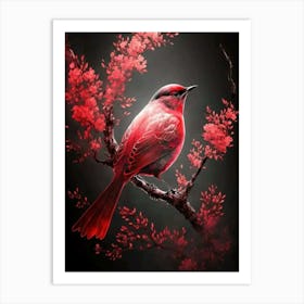 Red Bird In Cherry Blossoms Art Print