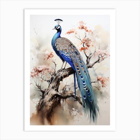 Peacock, Japanese Brush Painting, Ukiyo E, Minimal 4 Art Print