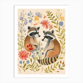 Folksy Floral Animal Drawing Racoon 4 Art Print