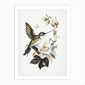 Hummingbird Surrounded By Flowers Vintage Gold & Black Art Print