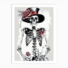 Floral Skeleton With Hat Ink Painting (36) Art Print
