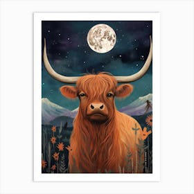Highland Cow In Moonlight Textured Illustration 3 Art Print