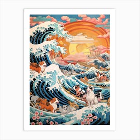 The Great Wave Off Kanagawa With Puppies Kitsch Art Print