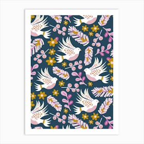 Folk Art Christmas White Doves and Pink and Gold Winter Florals on Navy Blue Art Print