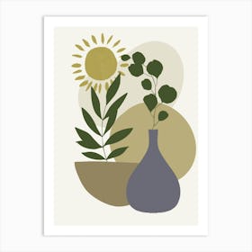 Vase With Plants And A Sun Art Print