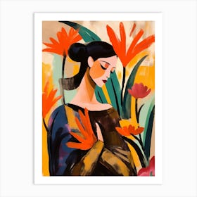 Woman With Autumnal Flowers Bird Of Paradise 2 Art Print