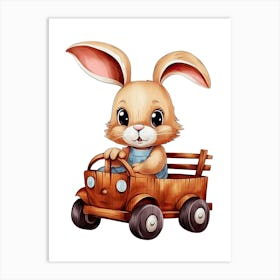 Rabbit Bunny On A Toy Car, Watercolour Nursery 3 Art Print