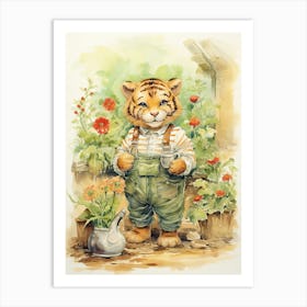 Tiger Illustration Gardening Watercolour 2 Art Print