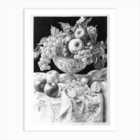 Black & White Illustration Of A Decadent Fruit Bowl Art Print