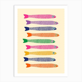 ANCHOVIES Retro Swimming Fish Horizontal in Rainbow Pink Purple Blue Orange Green Yellow on Cream Art Print