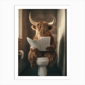 Highland Cow Sitting On A Toilet, Reading A Newspaper Art Print