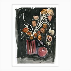 Still Life With Chinese Lanterns - hand painted watercolor ink dark black vertical Art Print