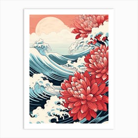 Great Wave With Dahlia Flower Drawing In The Style Of Ukiyo E 2 Art Print