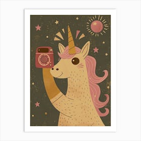 Unicorn Taking A Photo With A Camera Pink Mustard Muted Pastels Art Print
